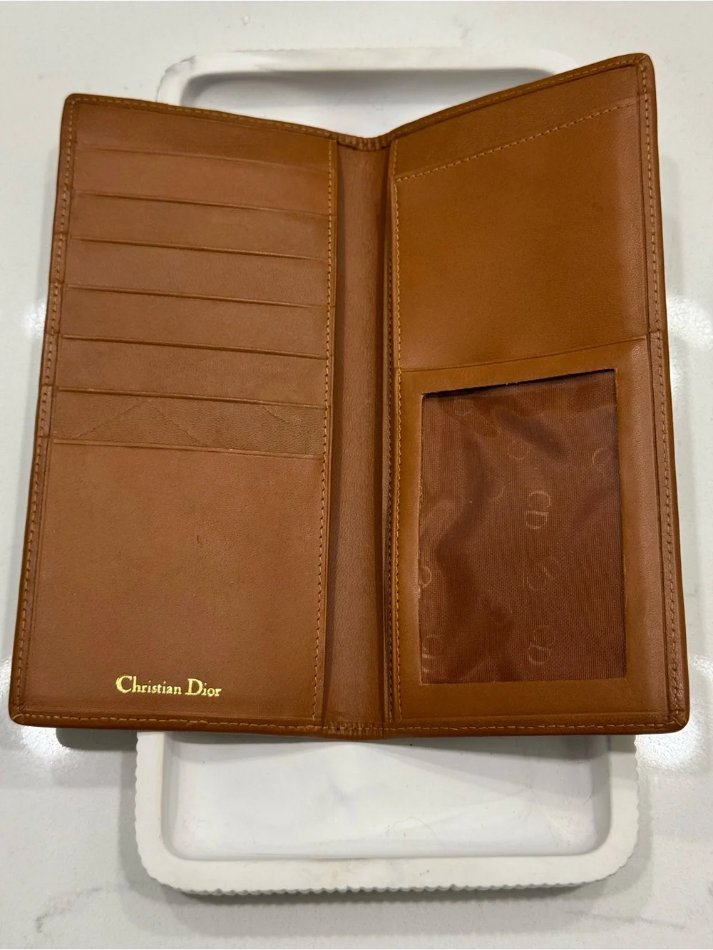 Dior Olive Green Long Card Holder with Brown Trim